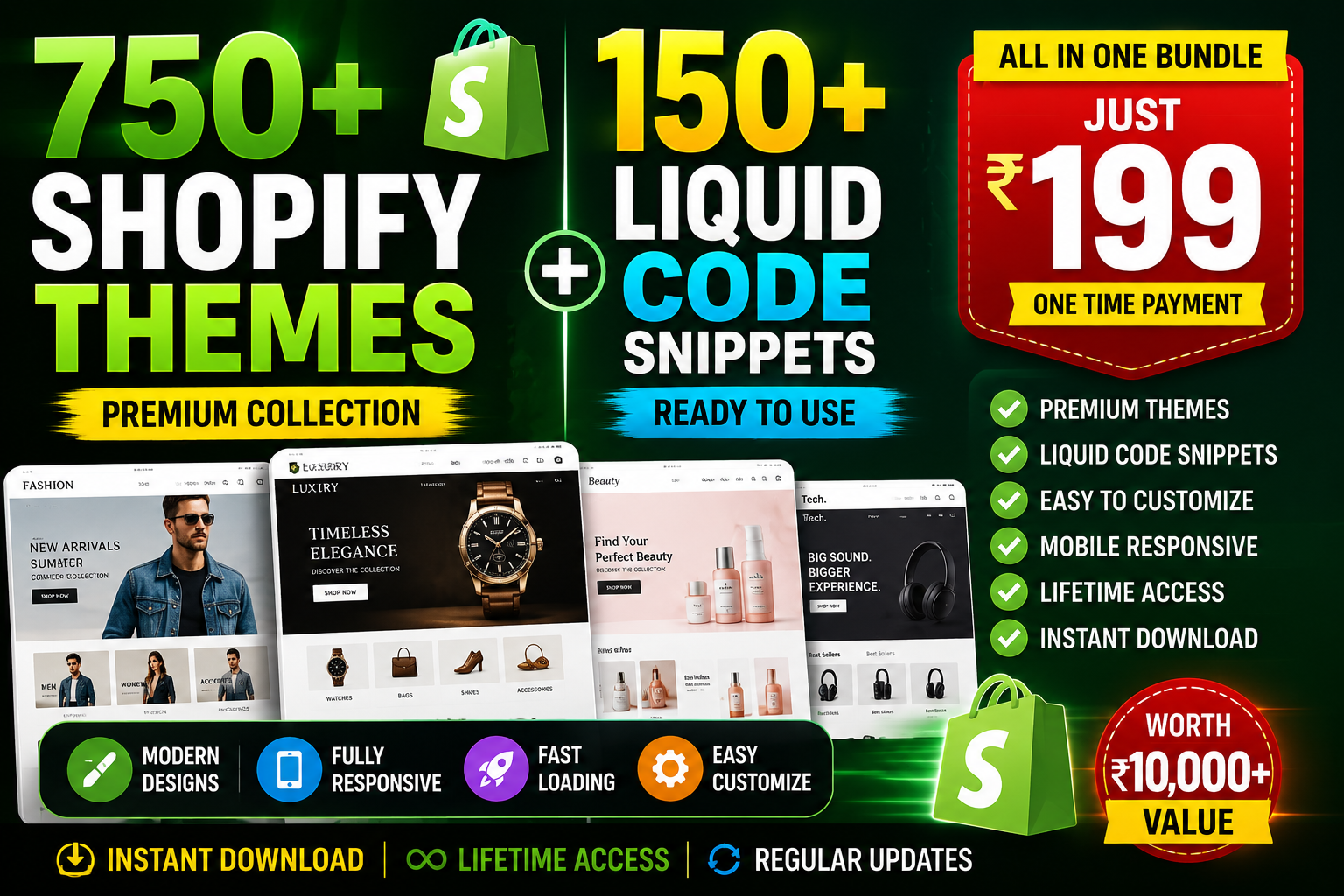 750+ Premium Shopify Themes + 150+ Liquid Code Snippets Bundle | Only ₹199